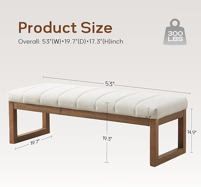 Zihanhome 52.7" Bedroom Bench for End of Bed, Modern Upholstered Teddy Fabric Entryway Bench & Dining Bench, Footrest Stool Bench with Solid Wood Frame for Bedroom, Living Room (Beige)