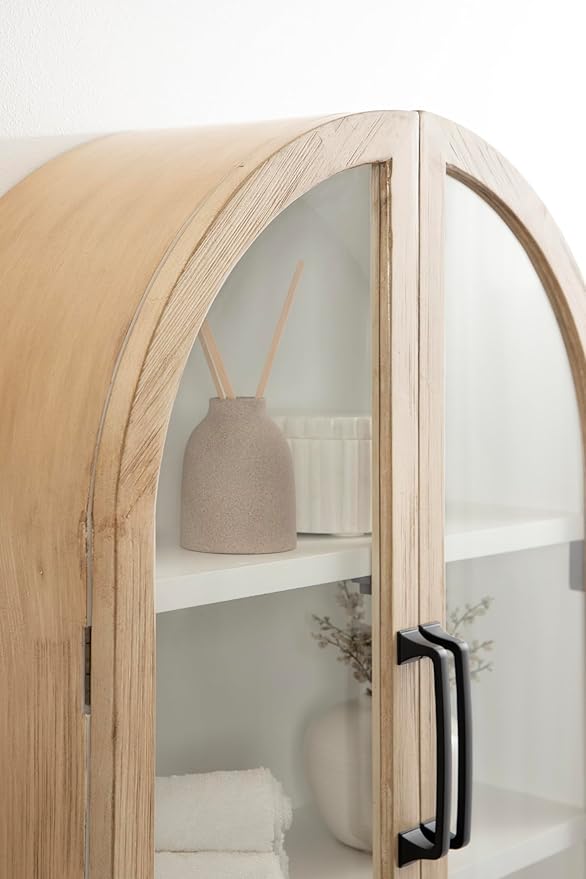 Kate and Laurel Arcott Modern Arch Wall Cabinet, 21 x 8 x 30, Natural Wood and White, Transitional Arched Cabinet for Use as Over-the-Toilet Storage or Living Room Storage Cabinet