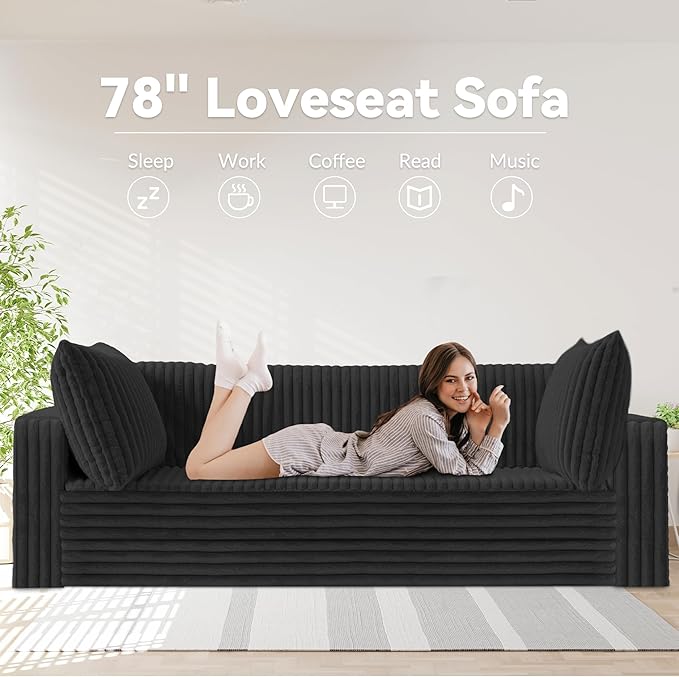 HABUTWAY 78" Loveseat Boneless Couch, 4-in-1 Convertible Sofa Bed, Plush Fur Folding Futon Sofa Bed Couches with 2 Pillows for Living Room, High-Density Foam Support, No Assembly Required, Black