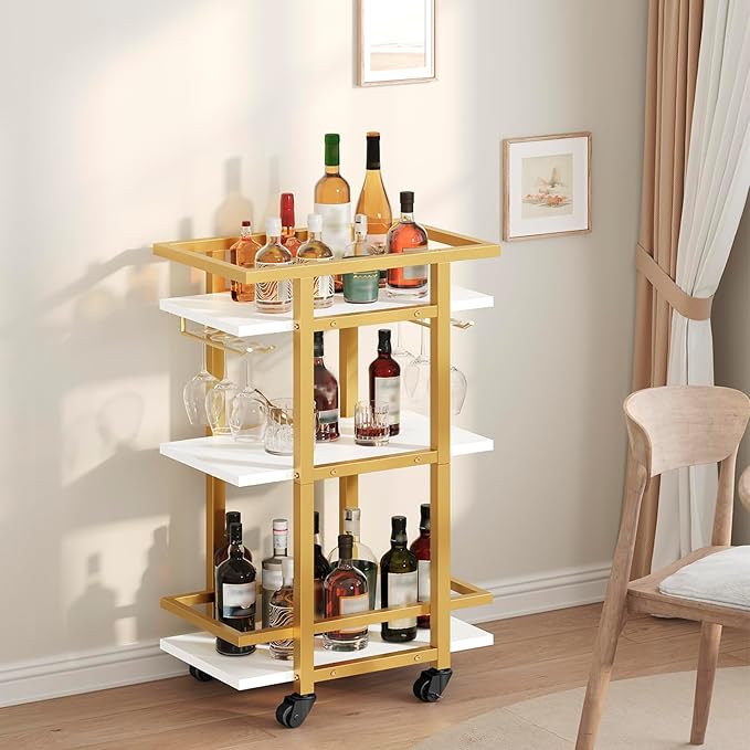 YATINEY 3 Tier Bar Cart, Home Bar Serving Cart with Wheels, Drink Cart with Glass Holder, Beverage Cart, Mobile Kitchen Cart, for Home, Garden, Party, Gold BC09DW
