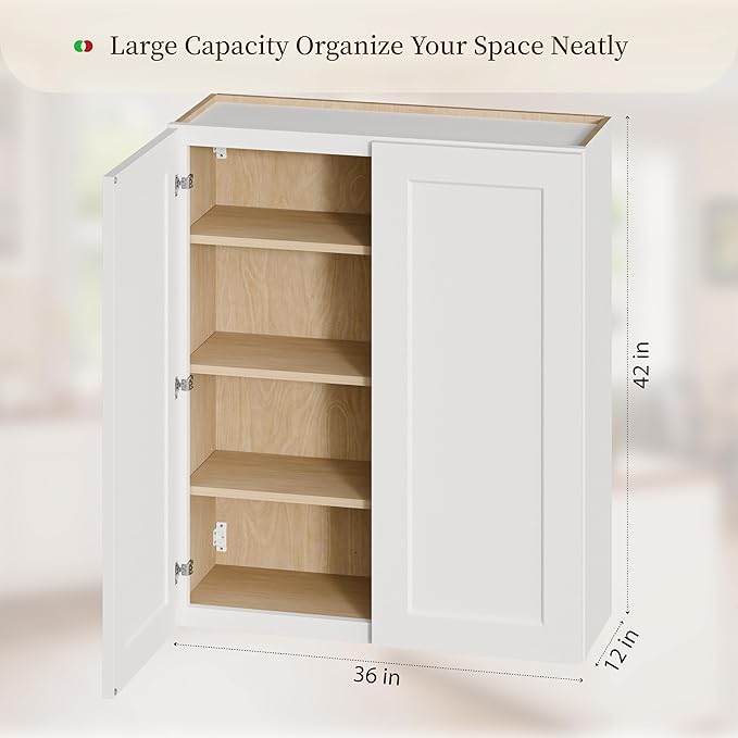Kisart Laundry Room Cabinets Wall Mounted with Doors & Shelves, Solid Wood RTA Medicine Storage Cabinet, 36" Wx42 Hx12 D Inch White Shaker Hanging Cupboard, Space-Saving for Kitchen, Bathroom, Garage