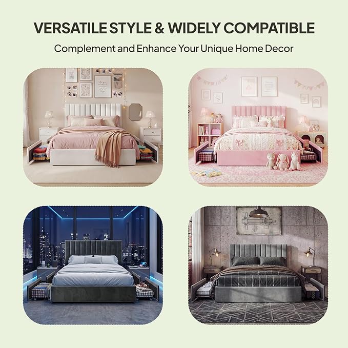 Welzona Queen Velvet Bed Frame with 4 Storage Drawers, Fully Upholstered Metal Platform Bed Frame with Vertical Channel Tufted Headboard, 3-Level Height, Easy Assembly, No Box Spring Needed, White