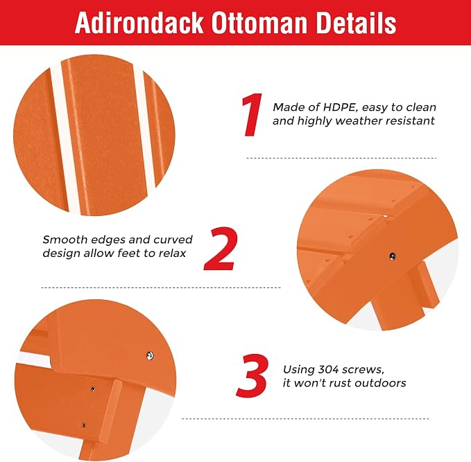 Costaelm Adirondack Chair Footrest, Patio Footstool, Ottoman Outdoor Foot Rest for Patio Waterproof, Adirondack Ottoman Patio Footstool, Orange