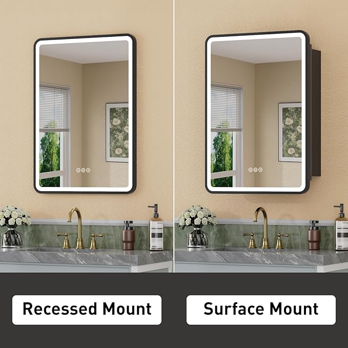 20 x 28 Inch Recessed Medicine Cabinet Mirror with Lights, Wall Mounted LED Bathroom Mirror Cabinet, Dimmable, Anti-Fog, Memory Function, 3 Color Modes, Adjustable Shelf, ETL Certified, Black