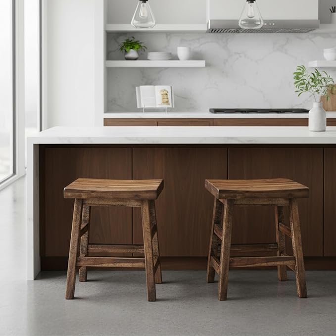 Alaterre Furniture Durango Set of 2 Industrial 20-Inch Wood Dining Stools – Rustic Farmhouse Style Solid Wood Backless Seats for Kitchen, Dining Table, or Extra Seating