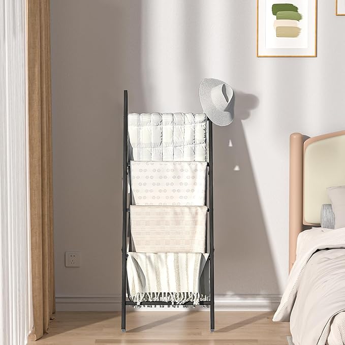 HONEST OUTFITTERS Blanket Ladders for The Living Room, 5-Tier Blanket Holder, Wall-Leaning Blanket Rack, Ladder Shelves, Wooden Quilt Ladder, Farmhouse Decor, Black