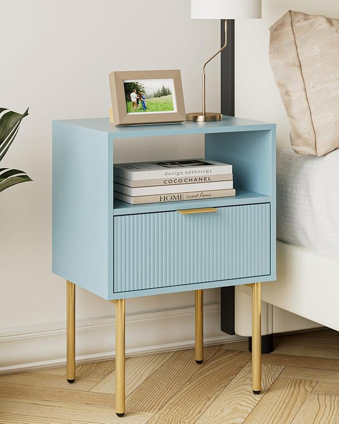 Aienvey Night Stand, Modern Nightstand with Drawers, Bedside Table, Gold Small Side Table for Bedroom, Living Room End Table (Blue Stripe, 1 Drawer)
