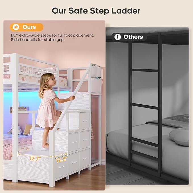 BTHFST Bunk Bed Full Over Full with Stairs, LED Lights Full Bunk Beds with 2 Storage Drawers & 6 Fabric Drawers, Metal Full Loft Beds with Safety Guardrail & Stairs, Space Saving, White