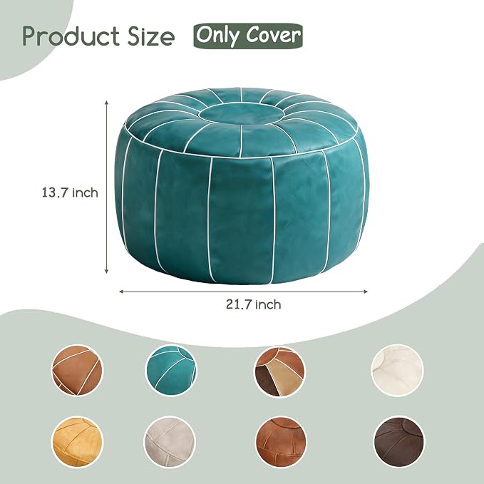 Thgonwid Unstuffed Moroccan Storage Pouf Foot Stool Ottoman Seat Handmade Faux Leather Bean Bag Floor Chair Foot Rest for Living Room, Bedroom or Balcony (Teal Blue)