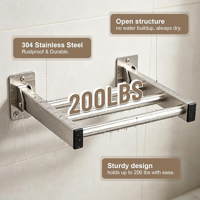Hicarer Shower Foot Rest Wall Mount Folding Shower Pedestal Ledge 9" x 8" Brushed Finish 304 Stainless Steel Foot Rest Supports 200 Lbs for Safe Leg Shaving, Feet Washing & Bathroom Comfort