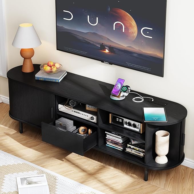 ONBRILL 69" TV Stand with Power Outlet for TVs up to 80", Entertainment Center with Storage and Drawer, TV Console with Adjustable Shelves and Sliding Door, TV Stand for Living Room, Bedroom, Black