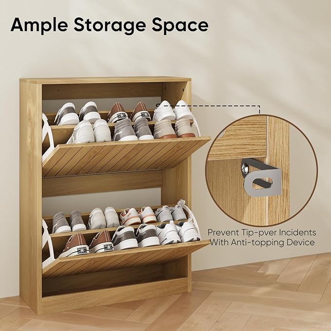 Shoe Storage Cabinet with Vertical Groove Doors 2 Flip Drawers, Narrow Shoe Cabinet Storage for Entryway, Freestanding Shoe Organizer Cabinet, Slim Shoe Rack Cabinet (Natural Oak Grain)