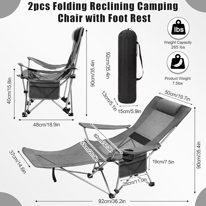 Colingmill 2 Pcs 2 in 1 Reclining Camping Chair with Footrest for Adults Folding Lounger Mesh Beach Chair Adjustable Backrest Lightweight Lawn Chairs for Camping Tailgates Outdoor Beach(Gray)