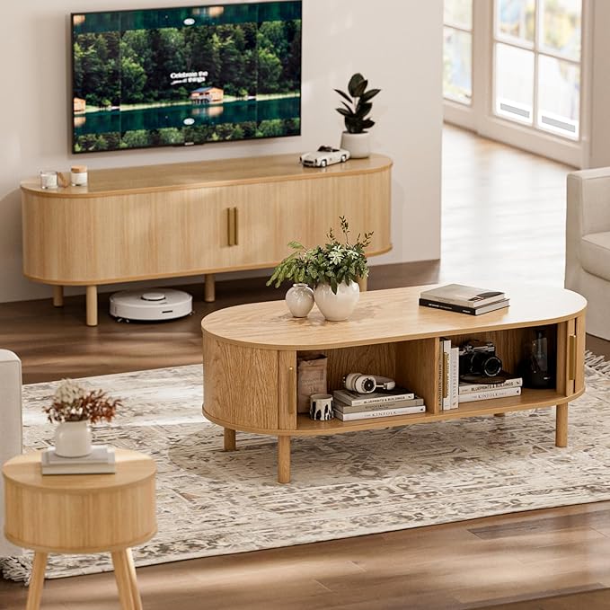 ZttRiee Coffee Table for Living Room, Modern Oval Coffee Table with Cabinets & Sliding Doors, Home Small Space, 47.2" Fluted Center Table, Natual