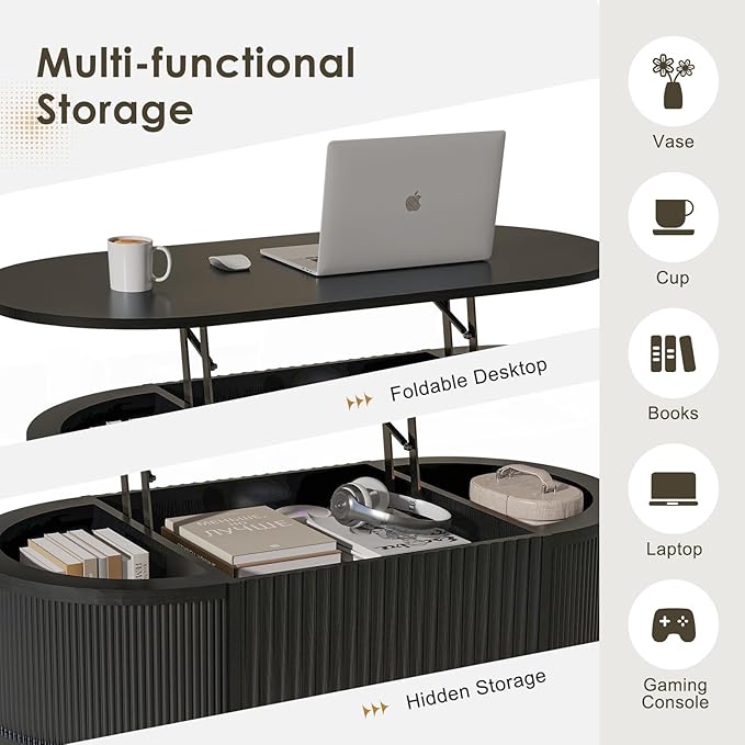 LYNCOHOME Fluted Lift Top Coffee Table with Storage,Modern Oval Coffee Table for Living Room or Home Office(Black)