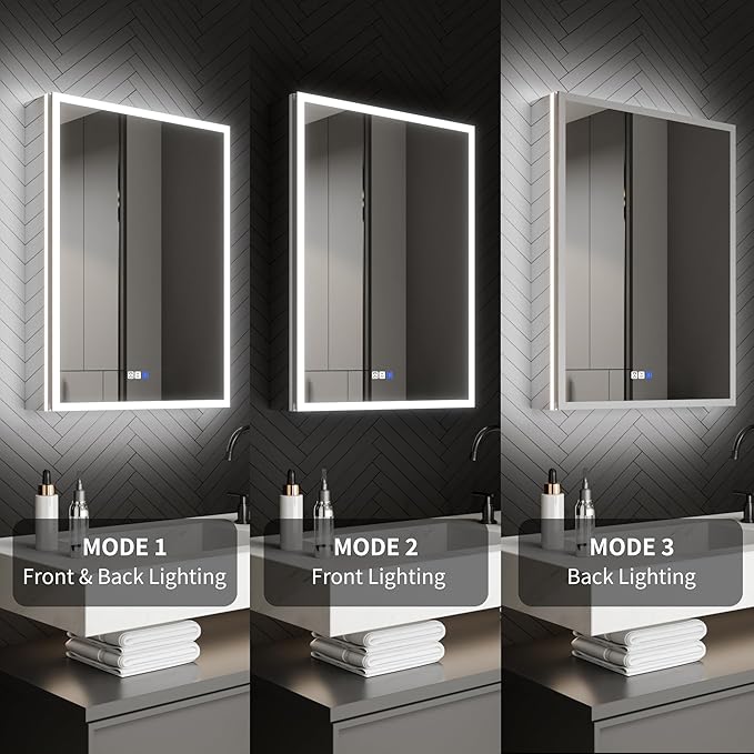 ExBrite 24 x 32 Lighted Medicine Cabinet with Mirror, Front&Backlit led Medicine Cabinet,Defog,5X Magnifier,3 Colors Temper Dimmable,Surface or Recessed Mount,Hinge on the Left