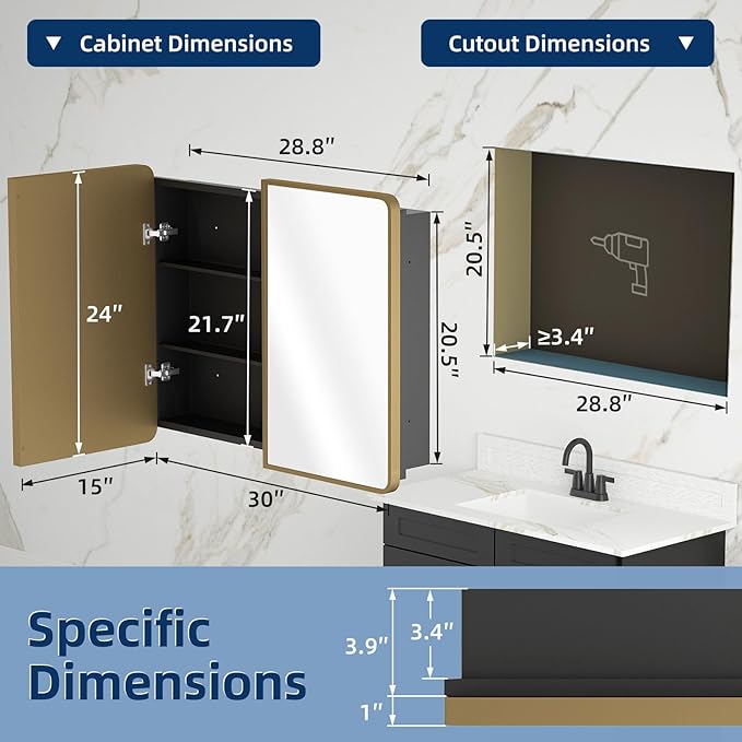 Bathroom Medicine Cabinet with Mirror 24 x 30 Inch, Brush Gold Medicine Cabinet Recessed or Surface Wall-Mounted, Mirrored Cabinets with Sturdy Metal Adjustable Shelves for Bathroom Vanity