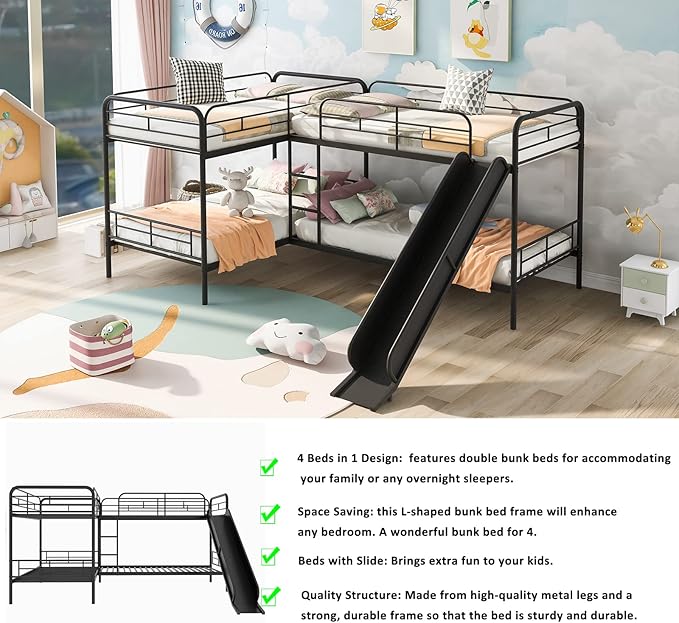 Bellemave Quad Bunk Beds with Slide L-Shape Bunk Bed for 4 Twin Over Twin Metal Bunked Frame for Kids Boys Girls Teens, Black