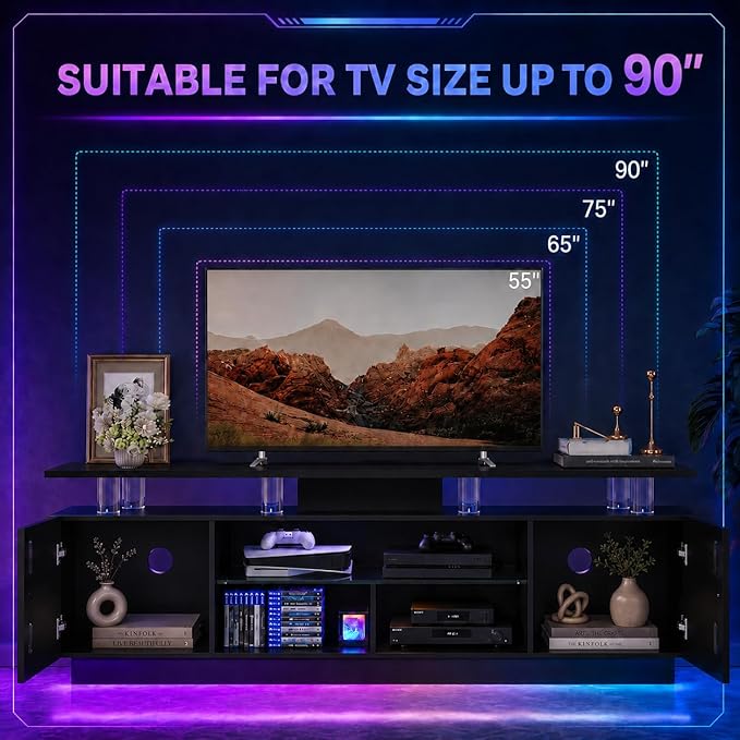 80” High-Glossy TV Stand with 2 Side Cabinets, Storage Entertainment Center, Modern Stylish TV Console with 3 Layer LED Lights&Power Outlets,Remote&APP Control for Living Room Use Black