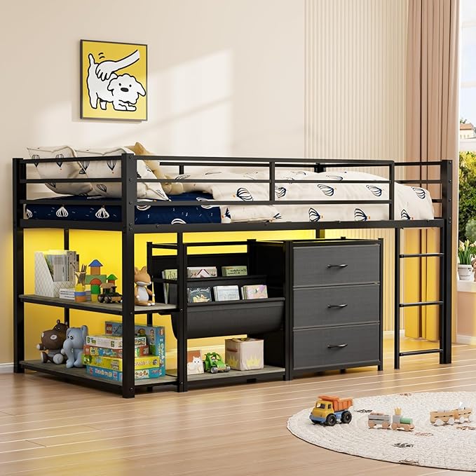 JOYMOR Low Loft Bed Twin Size with 3 Storage Drawers, 2 Tier Storage Shelves, 2 Tier Bookcase and LED Lights, Metal Kids Loft Bed with Safety Guardrail, Spave Saving Design (Black)