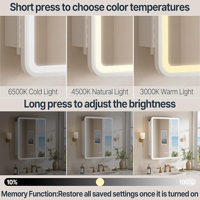 24x30 Inch Medicine Cabinet with Mirror, Recessed or Surface Mount Bathroom Medicine Cabinet with LED Lights, Anti-Fog, Memory Function, Adjustable Shelf, Dimmable Light, ETL Listed, White,Left Hinge
