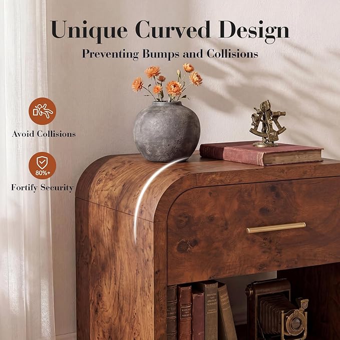 Night Stand Set of 2 [Unique Curved Profile] [FSC-Certified Wooden Board] 1-Drawer and 1 Storage Shelf Nightstand 24" H Metal Handle Modern Bedside Table Side Table End Table