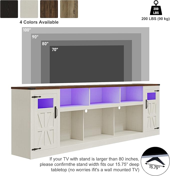 chartustriable Farmhouse TV Stand for 100 Inch TV,95" Entertainment Center w/LED Light,Large Media Console Cabinet w/Rustic Barn Doors,Power Outlets,Adjustable Shelves for Living Room,White