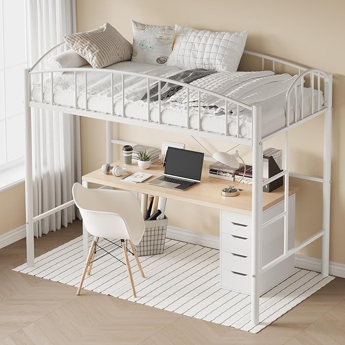 GarveeHome Loft Bed Twin Size, Heavy Duty Metal Loft Bed Frame with Arched Guardrail and Safety Ladder, Space-Saving, No Box Spring Needed, Modern White