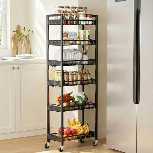 6 Tier Slim Storage Cart, Narrow Rolling Cart with Wheels, Narrow Mobile Utility Shelf Unit Organizer for Kitchen, Bathroom, Laundry Room, Living Room, Small Places, 10in(W), Black