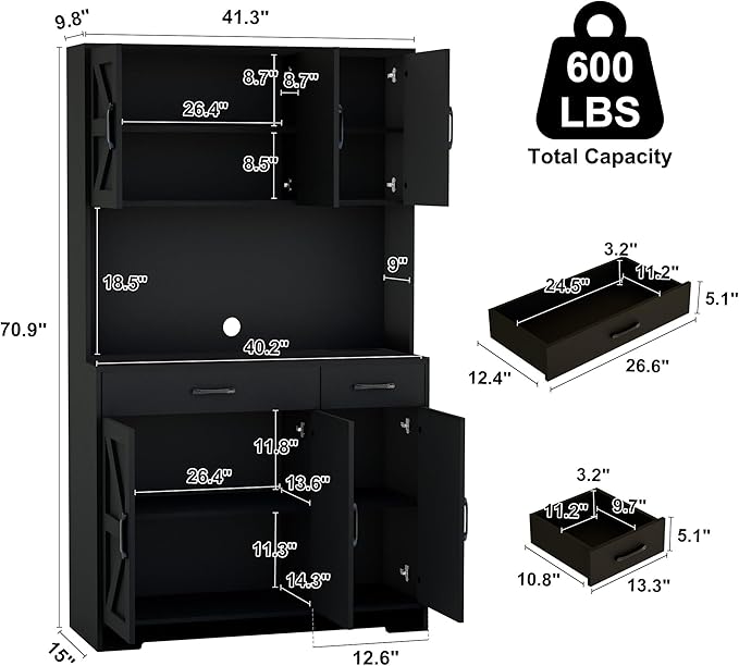 71" Kitchen Pantry Cabinet with Charging Station, Pantry Storage Cabinet Large Kitchen Hutch with Microwave Stand, Coffee Bar Station with Doors and Adjustable Shelves for Kitchen, All Black
