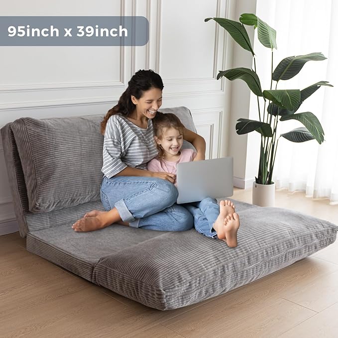 MAXYOYO Folding Sofa Bed, Extra Thick and Long Floor Sofa Convertible Sleeper Chair with Washable Cover, Floor Couch Lounge Bean Bag Bed for Living Room, Grey, 39x95 Inch