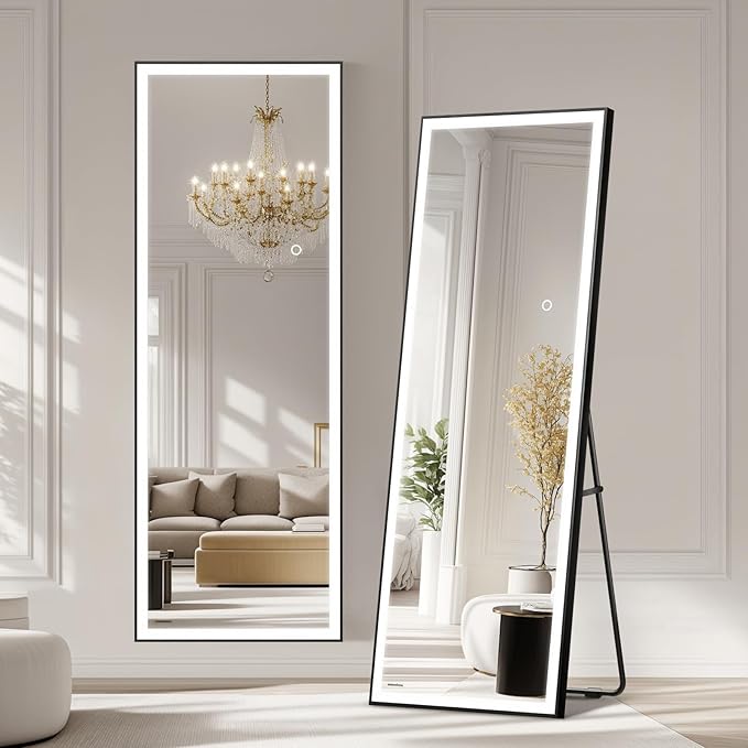 Kosmonia 67x20 Full Length Mirror, Dimmable 3 Color LED Light w/Light Memory, Distortion Free Silver Coating Mirror, HD Reflection &Anti Desilvering,Tempered Glass, Easy Setup w/Stand, Wall/Standing