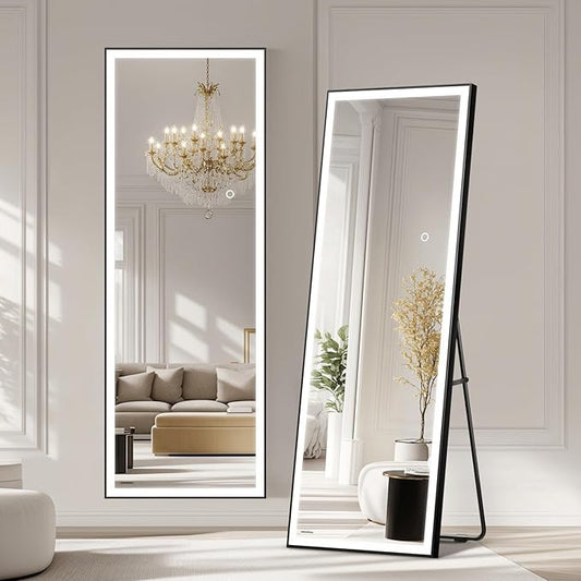Kosmonia 67x20 Full Length Mirror, Dimmable 3 Color LED Light w/Light Memory, Distortion Free Silver Coating Mirror, HD Reflection &Anti Desilvering,Tempered Glass, Easy Setup w/Stand, Wall/Standing