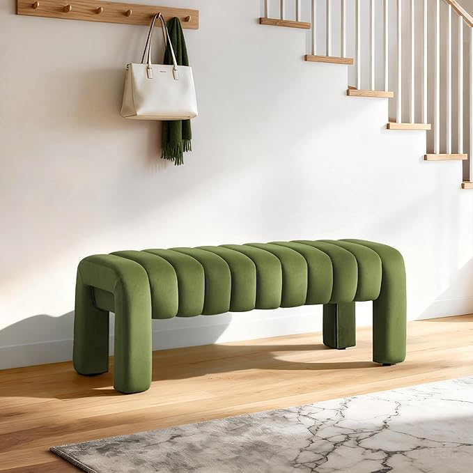 43’’ Bedroom Bench, Upholstered End of Bed Bench with Solid Wood Legs, Modern Small Dining Bench with Full Covered Fabrics for Entryway, Bedroom, Living Room (Green, Velvet)