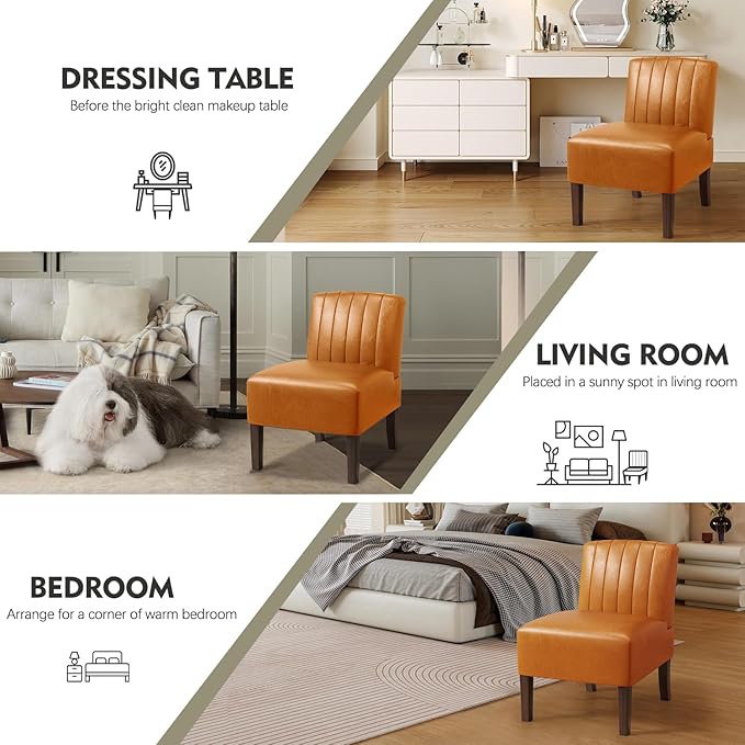 VIRRMO Armless Accent Chairs Set of 2 Upholstered Dining Chairs Living Room Chairs with Solid Wood Legs Bedroom Chair Leather Reading Chair Comfy Chair for Bedroom Vanity Kitchen (Brown)