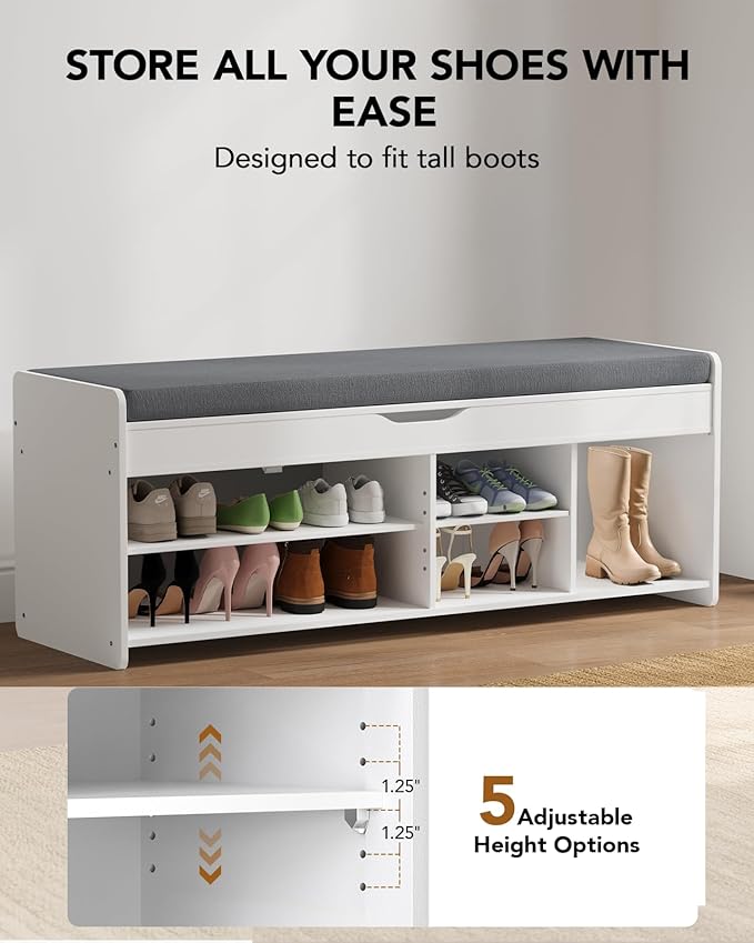 Amada Shoe Storage Bench, 47.2" Long Entryway Bench with Cushioned Seat & Lift Top Storage, 4 Doors, Adjustable Shelf, 300 lbs Capacity, Bench with Shoe Rack for Entryway, Bedroom, Living Room, White