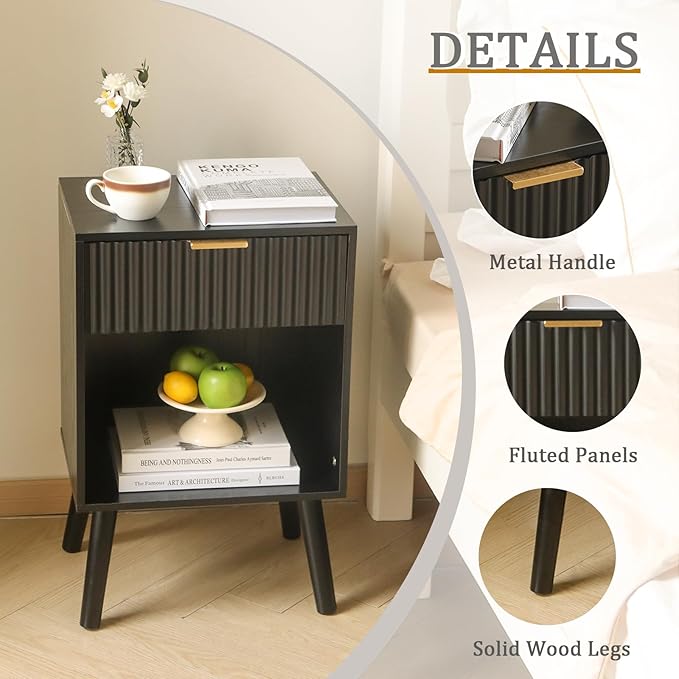 Fultyle Black Fluted Nightstand, Modern Bedside Table with Drawer and Opening Storage, End Side Table Living Room with Solid Wood Legs for Bedroom (Black)