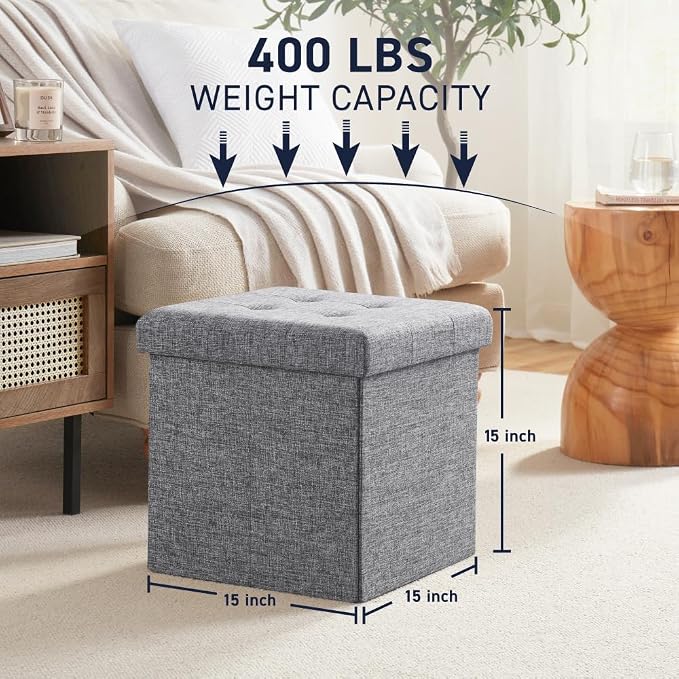 Ornavo Home Folding Storage Ottoman, 15 Inch Storage Cube with Lid, Foot Rest Stool for Bedroom, Living Room, Entryway, Tufted Linen Upholstered - Gray