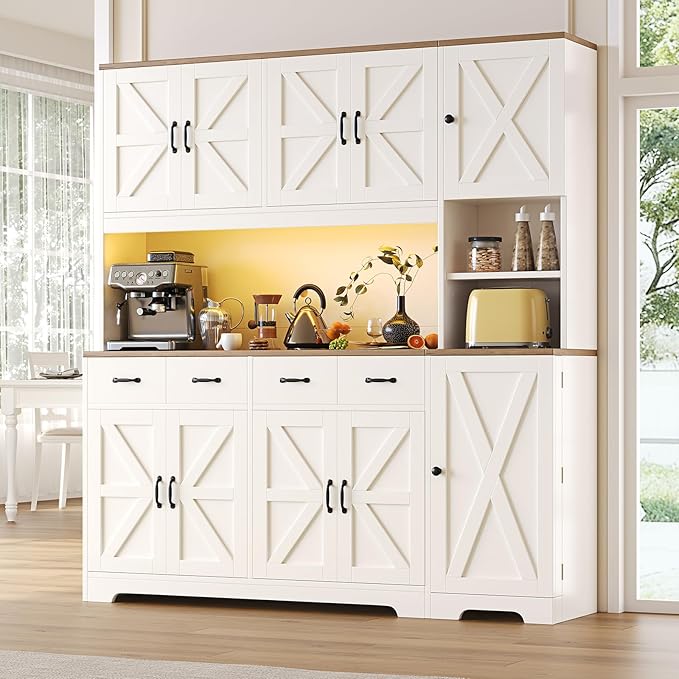 71" Tall Kitchen Pantry with LED Lights & Charging Station, Farmhouse Storage Cabinet with 4 Drawers & 6 Cabinets, Modern Kitchen Hutch for Dining Room with Adjustable Shelves, White