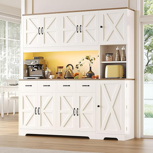 71" Tall Kitchen Pantry with LED Lights & Charging Station, Farmhouse Storage Cabinet with 4 Drawers & 6 Cabinets, Modern Kitchen Hutch for Dining Room with Adjustable Shelves, White
