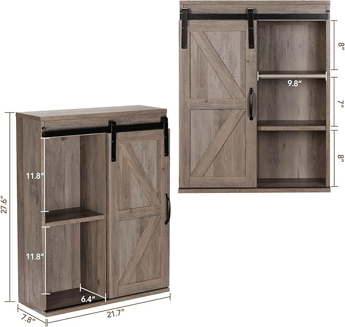 RUSTOWN Farmhouse Wood Wall Storage Bathroom Cabinet with Sliding Barn Door, Rustic Medicine Cabinet with Adjustable Shelf, 3-Tier Vintage Cabinet for Kitchen, Bathroom, Living Room (Washed Oak)