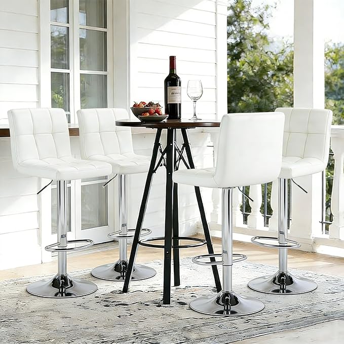 Sweetcrispy Bar Stools Set of 2, Armless PU Leather Adjustable Swivel Barstools, Hydraulic Kitchen Counter Height Thickened Seat Cushion Square Island Countertop Chairs with Back, White