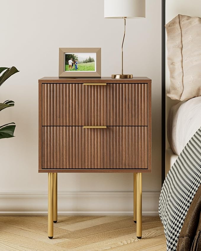 Aienvey Night Stand, Modern Nightstand with Drawers, Bedside Table, Gold Small Side Table for Bedroom, Living Room End Table (Walnut Stripe, 2 Drawers)