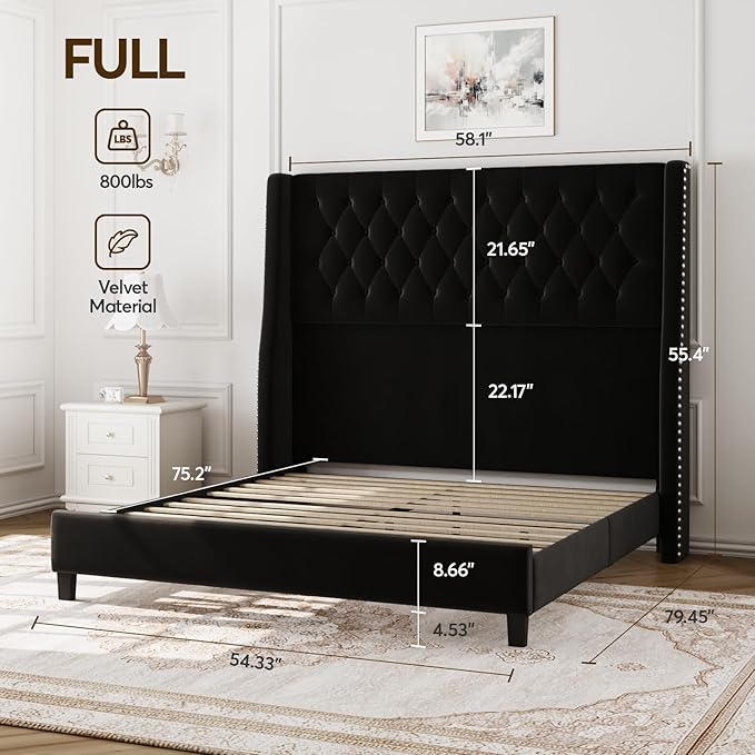 Full Bed Frame with 55" Tall Headboard, Upholstered Bed Frames, Soft Fabric, Button Tufted Headboard with Windback, Platform Bed, Noise-Free, No Box Spring Needed, Black