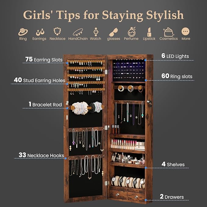 DUMOS Jewelry Armoire Cabinet with Full Length Mirror, 47.2" Wall Mounted or Over the Door Jewelry Organizer with 33 Necklace Hooks, Lockable Large Capacity Jewelry Armoire with Drawers, Rustic Brown