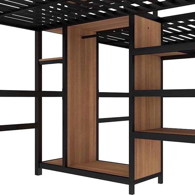 Harper & Bright Designs Twin Over Twin Loft Bed with Desk and Shelves, Metal Loft Bed with Wardrobe and Charging Station for Kids Teens, Space Saving, Noise Reduction, Black+Nature