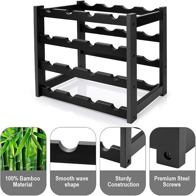 Bamboo Wine Rack, 4-Tier 16 Bottles Wine Storage Cabinet Shelf, Easy-Assembly Freestanding Bamboo Wine Racks Countertop for Kitchen Pantry Dining Room Bar, Black