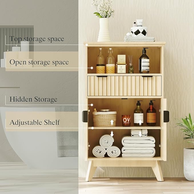 Fatmok Buffet Cabinet with Storage Seto of 2, 40" Modern Fluted Coffee Bar Cabinet with Drawer & Open Shelf, Wood Buffet Sideboard Console Table for Entryway, Kitchen, Living Room (Natural Wood)