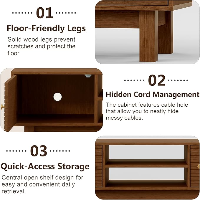 YOSHOOT Mid Century TV Stand for 55 inch TVs, Modern Entertainment Center with Storage Cabinets, Solid Wood Media Console with Open Shelves for Living Room & Bedroom, Walnut