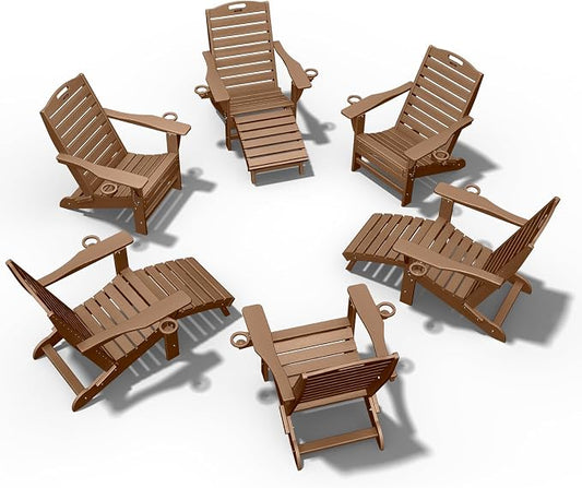 Ciokea Folding Adirondack Chair Set of 6 with Retractable Ottoman Fire Pit Patio Chair with Pull Out Foot Rest Weather Resistant Lawn Outdoor Chair with 2 Cup Holder (Teak)